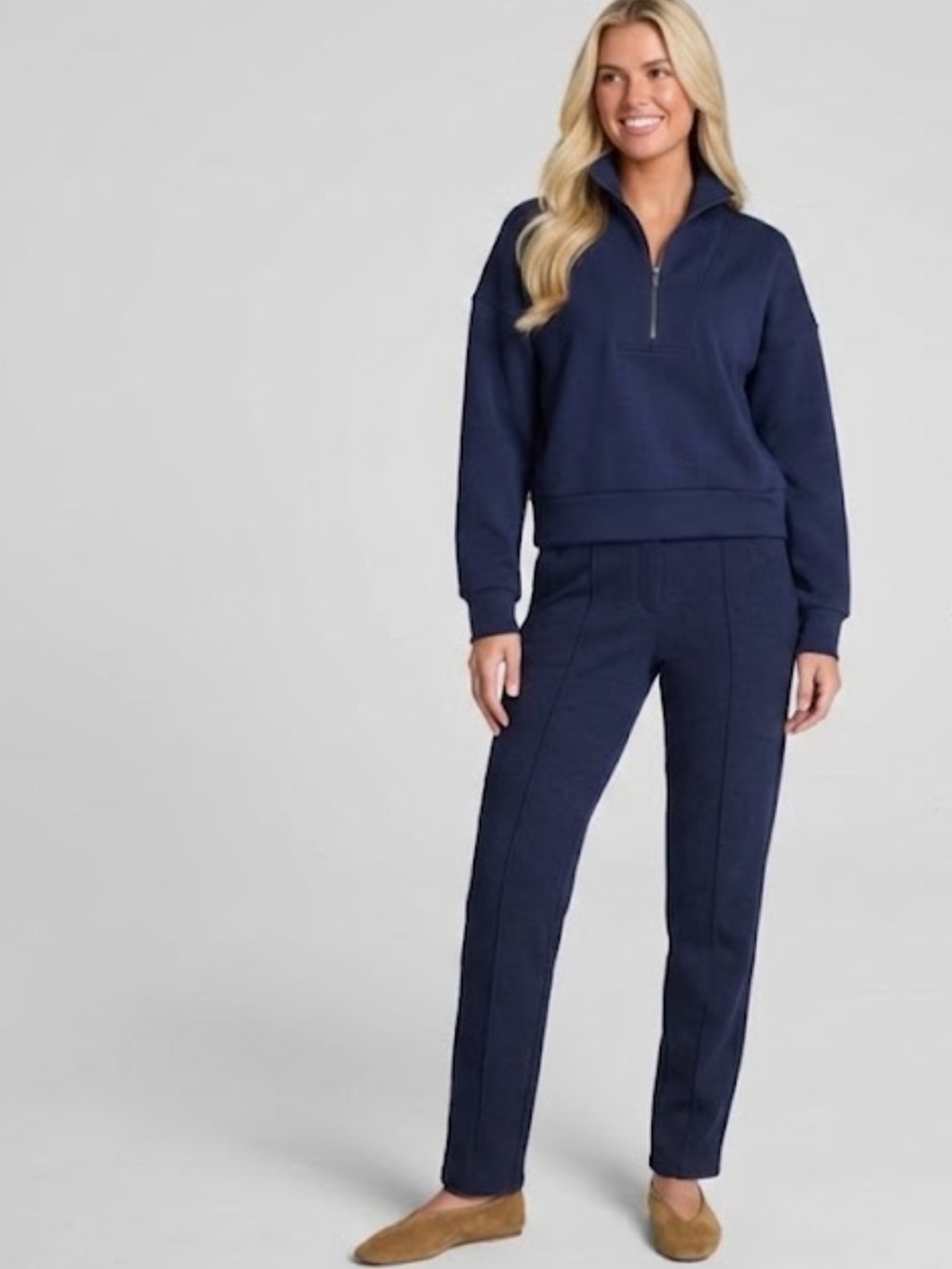 SPANX AIRESSENTIALS NAVY SHAWL COLLAR HALF ZIP PULLOVER PINTUCK PANTS Size XL
